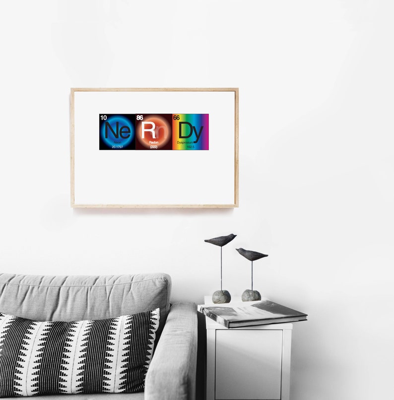 May include: A framed print with a rainbow color scheme featuring the chemical elements Neon, Rhodium, and Dysprosium, spelled out as "Nerdy".