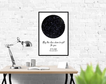Star Map Print - Star Chart with constellations - Personalised Map of the Stars - Perfect gift weddings new baby anniversary engagement