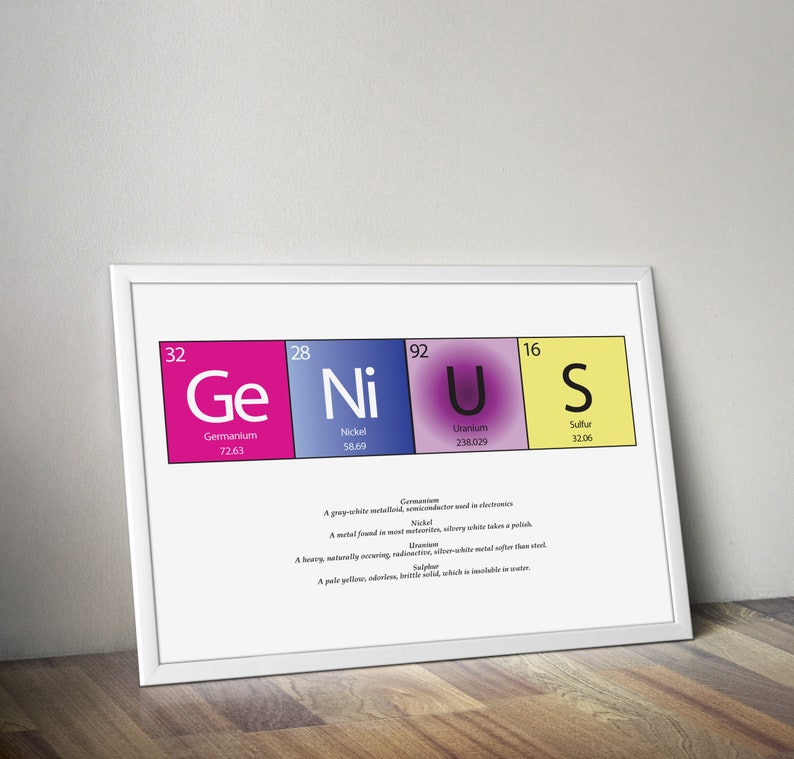 May include: A framed print with the word "Genius" spelled out using the chemical symbols for Germanium, Nickel, Uranium, and Sulfur. The chemical symbols are displayed in colorful squares with the element name and atomic weight below each symbol.