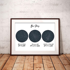 3 Star Chart Print - Star Maps - Personalised Map of the Stars - Our Story - Perfect gift for weddings births new baby birthday anniversary
