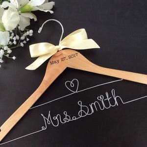 CUSTOM Wedding Hanger with date, Bridal shower gifts, Bridal Hanger,Personalized Hanger,Bridesmaid Hangers,Custom Made Hanger,Mrs Hanger image 1