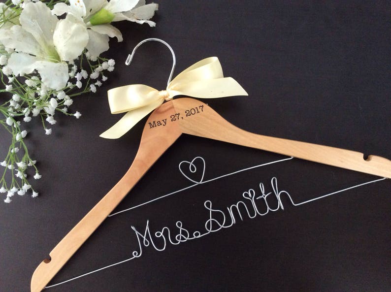 CUSTOM Wedding Hanger with date, Bridal shower gifts, Bridal Hanger,Personalized Hanger,Bridesmaid Hangers,Custom Made Hanger,Mrs Hanger image 1