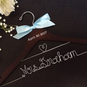 CUSTOM Wedding Hanger with date, Bridal shower gifts, Bridal Hanger,Personalized Hanger,Bridesmaid Hangers,Custom Made Hanger,Mrs Hanger image 3