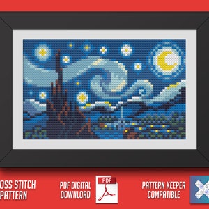 Op de afbeelding: Een kruissteekpatroon van Vincent van Gogh's Sterrennacht. Het patroon is in een zwart frame en klaar om te worden gestikt. Het patroon is compatibel met Pattern Keeper software.