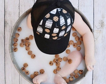 Milk and Cookies Minky Front Trucker Hat - Kids Trucker Hat - Snap Back Hat - Baby Trucker Hat - Adult Trucker Hat - Kids Baseball Hat