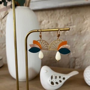 Boho chic leather earrings | Rose gold, duck blue, orange jewelry | floral minimalist jewelry | Christmas gift for women