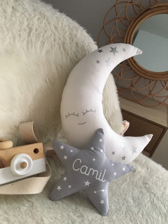 Scandinavian Child Bedroom Decoration 2 Silver Moon Cushions And Custom Pearl Grey Star Gift Birth Cushion First Name Child