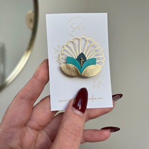 Peacock leather gold brooch | Poetic brooch | Floral leather jewelry | Godmother request gift | Love jewelry | Wedding anniversary gift