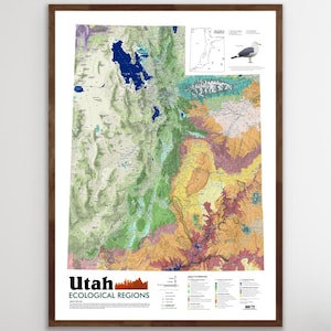May include: A detailed map of Utah's ecological regions, showing different colors for each region. The map includes a legend with descriptions of each region. The title of the map is "Utah Ecological Regions".