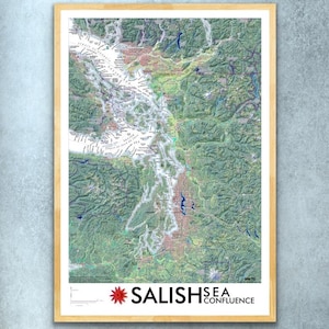 May include: A framed map of the Salish Sea region, showing the waterways and surrounding land. The map is in a light green color scheme with blue water features. The map is titled "Salish Sea Confluence" with a red star logo.