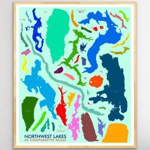 May include: A colorful map showing the size of different lakes in the Northwest, compared to each other. The map is titled "Northwest Lakes at Comparative Scale".