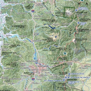 May include: Detailed topographic map of the Pacific Northwest, highlighting the Cascade Range, Columbia River Gorge, and major cities like Portland and Seattle. Features include mountain peaks, rivers, and elevation data.