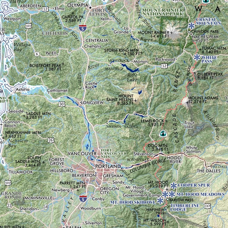 May include: Detailed topographic map of the Pacific Northwest, highlighting the Cascade Range, Columbia River Gorge, and major cities like Portland and Seattle. Features include mountain peaks, rivers, and elevation data.