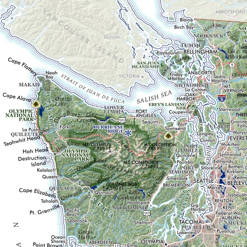May include: A detailed map of the Olympic Peninsula and surrounding areas in Washington State, USA. The map highlights cities, bodies of water, and mountain ranges, including Olympic National Park. The color palette is a mix of greens, blues, and browns.