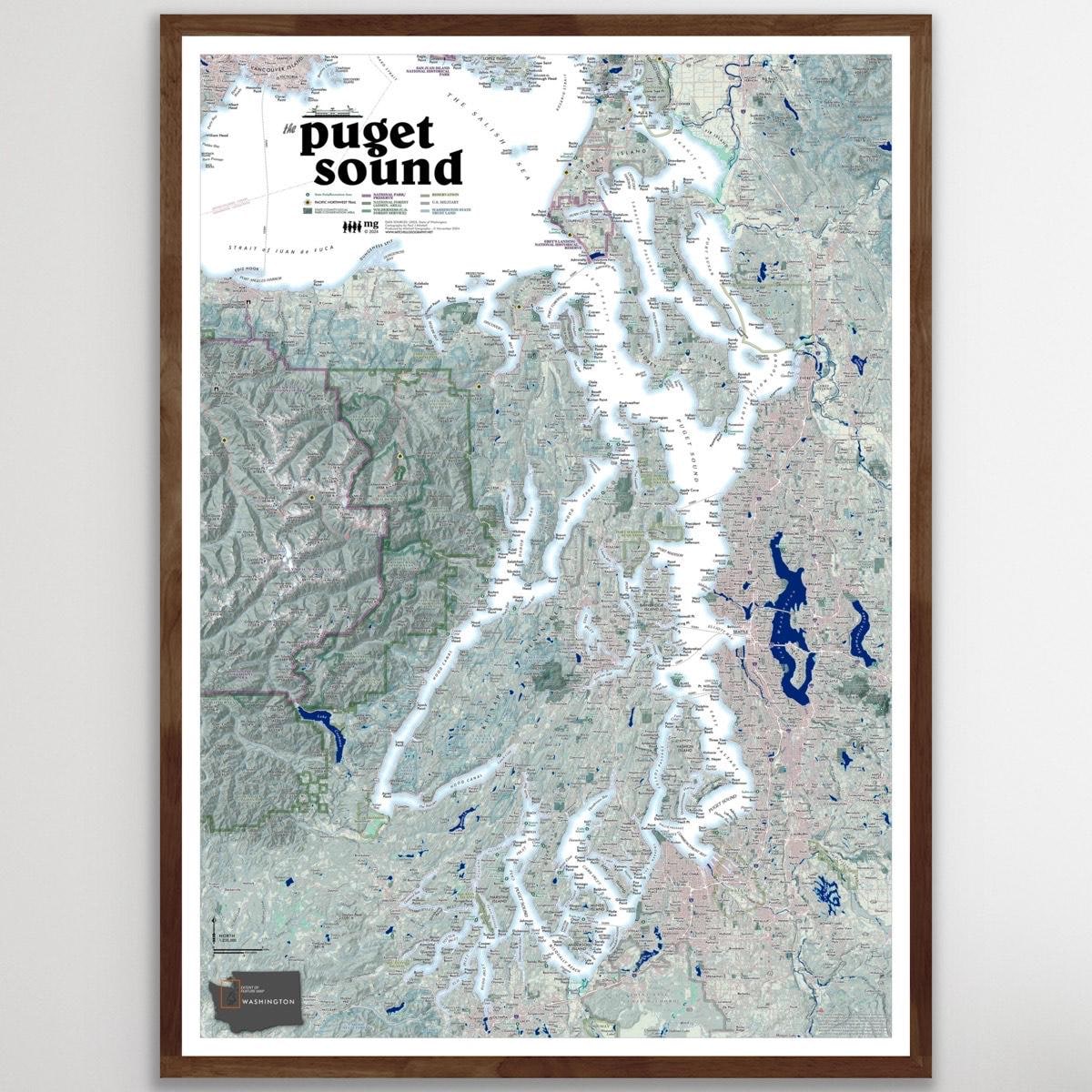 Puget Sound Washington Map | 28 inch x 20 inch