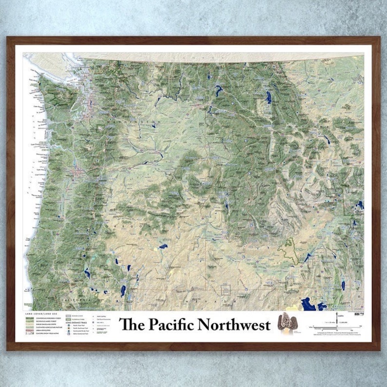 May include: A framed map of the Pacific Northwest, featuring detailed topographical information. The map displays a variety of green, tan, and blue hues, with text that reads "The Pacific Northwest". The frame is a dark brown color.