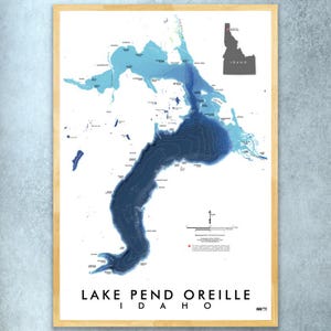May include: A detailed bathymetric map of Lake Pend Oreille in Idaho, showing the lake's depth contours in shades of blue. The map also includes the location of the lake within the state of Idaho.