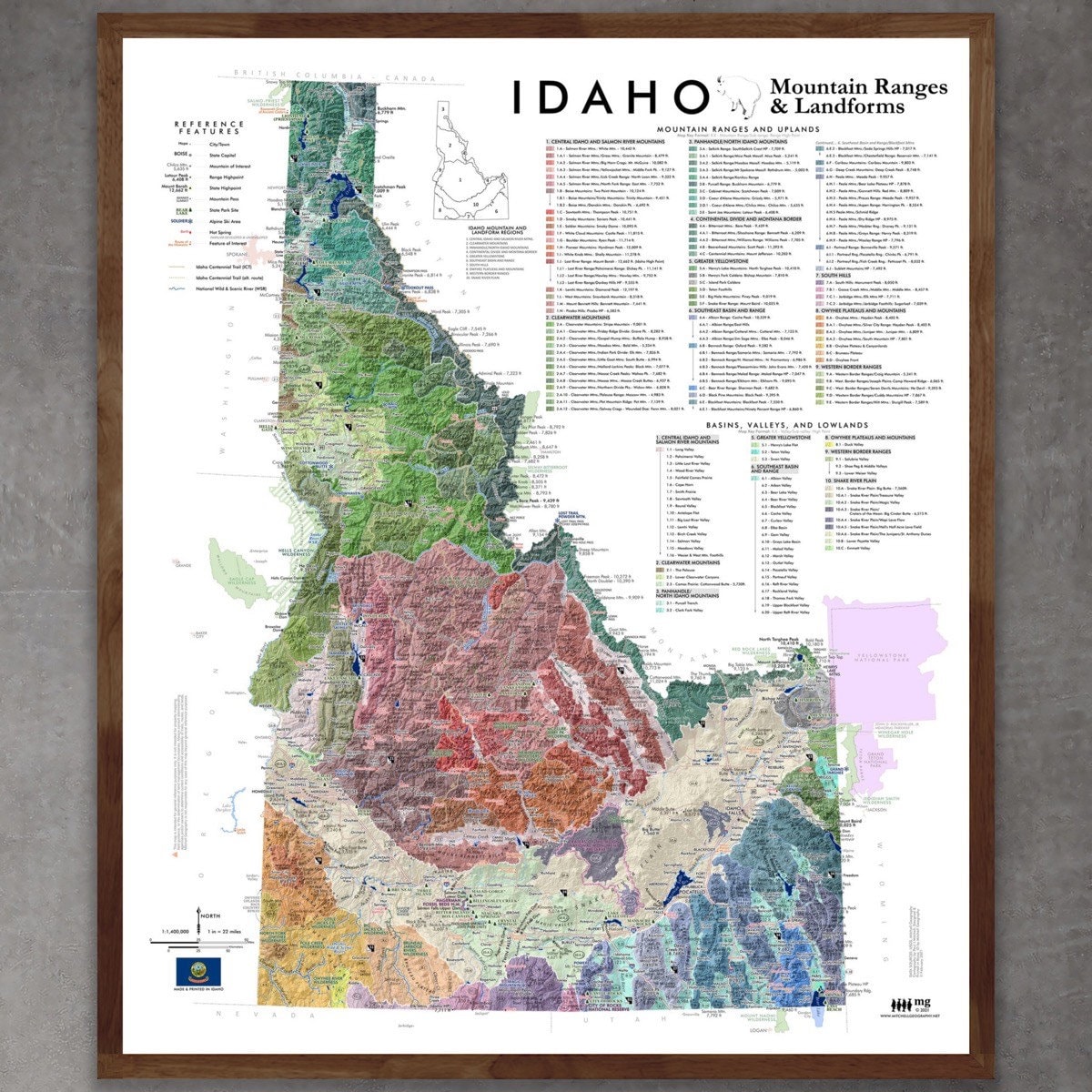 Idaho Mountain Ranges and Landforms (24 in X 20 In)