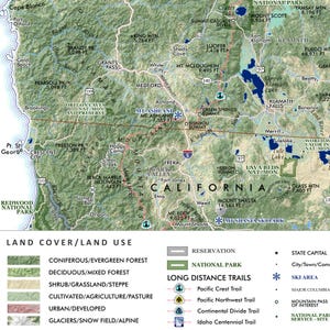 May include: Detailed map of Southern Oregon and Northern California, featuring cities, mountain ranges, and national parks. Includes land cover types, long-distance trails, and elevation markers. The map shows the Pacific Crest Trail and the Klamath Falls area.