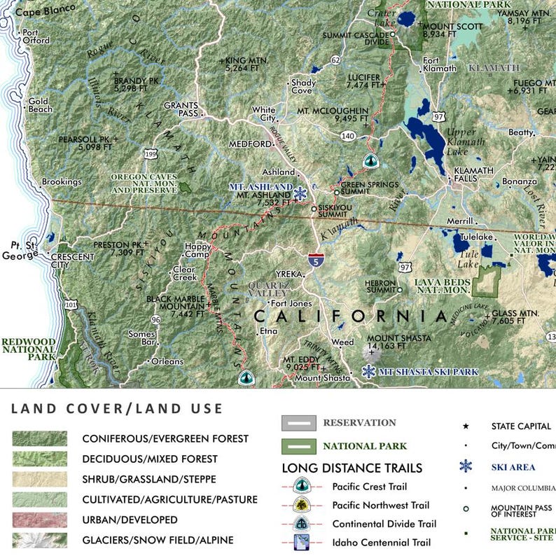 May include: Detailed map of Southern Oregon and Northern California, featuring cities, mountain ranges, and national parks. Includes land cover types, long-distance trails, and elevation markers. The map shows the Pacific Crest Trail and the Klamath Falls area.
