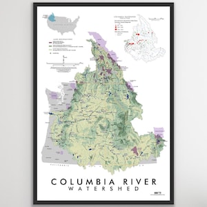 May include: A framed map of the Columbia River Watershed, featuring detailed geographical information. The map includes land designations, a smaller map of the United States, and a map of Columbia Watershed Facilities. The title "COLUMBIA RIVER WATERSHED" is displayed at the bottom.