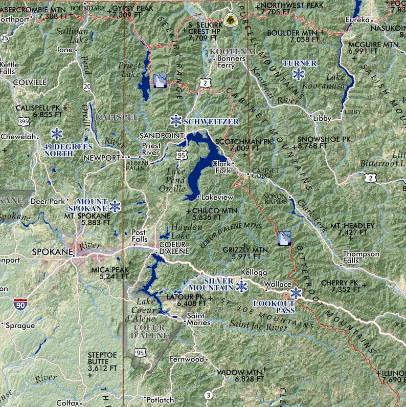 May include: A detailed topographic map of the Idaho Panhandle and surrounding areas, including parts of Washington and Montana. Features include mountain ranges, lakes, rivers, cities, and highways. Key locations like Spokane and Coeur d'Alene are labeled.