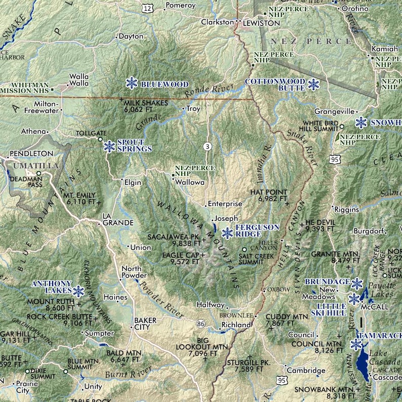 May include: A detailed topographic map of a mountainous region, featuring rivers, lakes, and labeled peaks. Key locations like Baker City and La Grande are visible, with elevation data in feet.