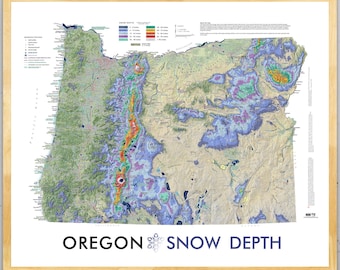 May include: A detailed map of Oregon showing average snow depth in inches. The map is colour-coded to show different snow depths, ranging from less than 1 inch to over 100 inches. The map also includes various geographic features, such as rivers, lakes, and mountains. The text "OREGON SNOW DEPTH" is printed at the bottom of the map.