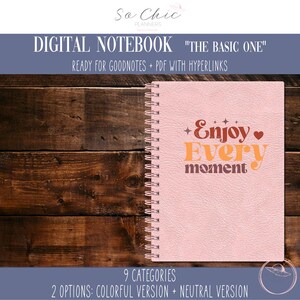 Peut inclure: Une couverture de carnet numérique rose avec une reliure spirale. La couverture présente un design rétro avec le texte "Enjoy Every Moment" en orange, jaune et marron.