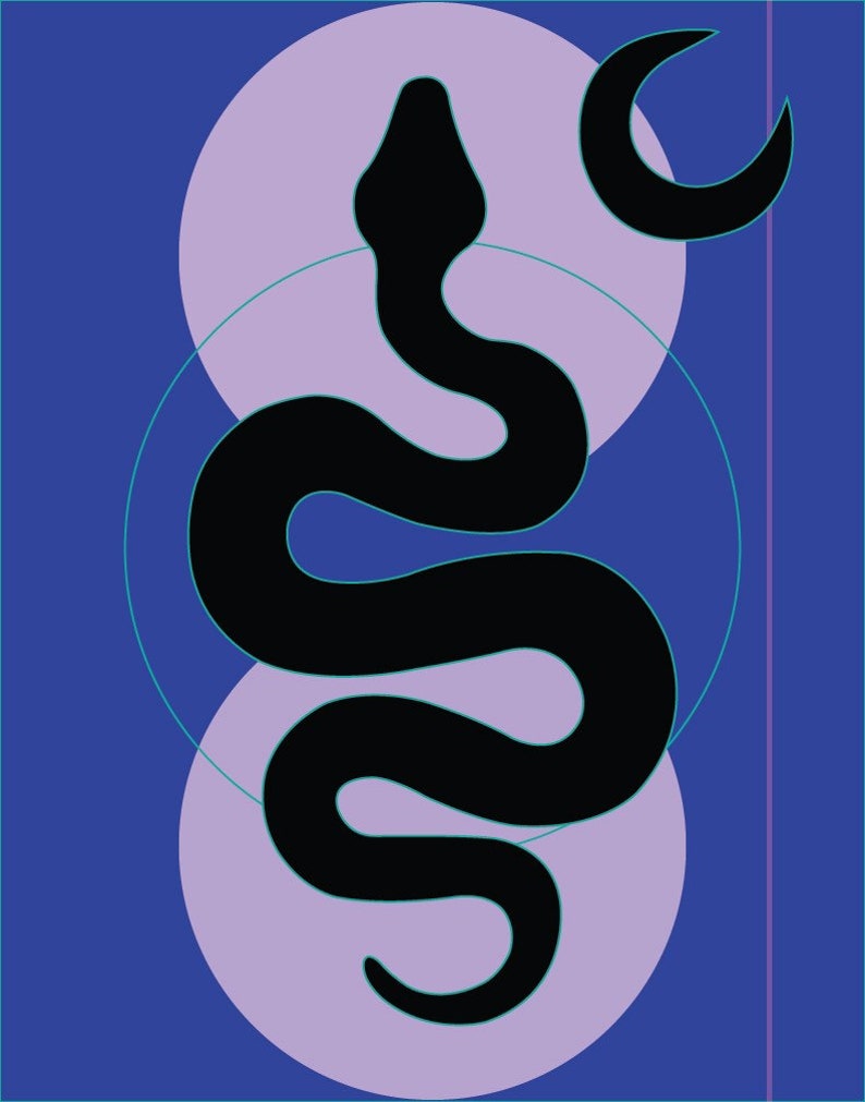 The Blue Snake And The Red Moon Purple Crescent Moon Snake Poster Print | Etsy