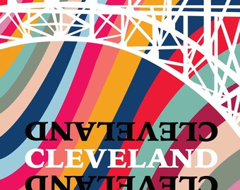 May include: A colorful abstract design with a white silhouette of a bridge. The word "CLEVELAND" is repeated four times in black and white text.