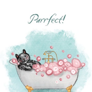 Carte postale Purrfect Cat – Chat gris relaxant dans un bain moussant – Carte Chat qui prend soin de lui