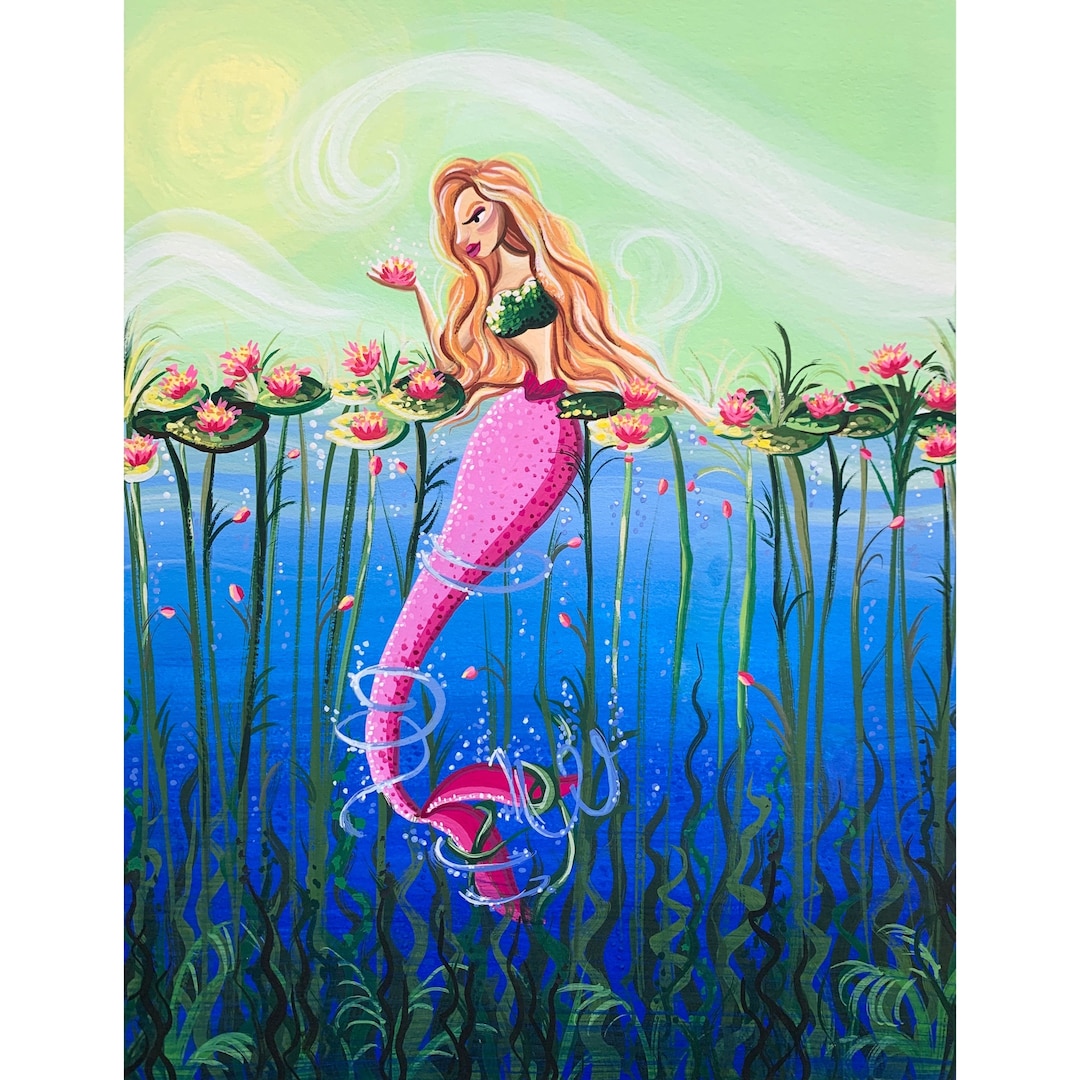 睡蓮の池の人魚の絵画 - 手描きのファンタジーアート - Mermay 2022