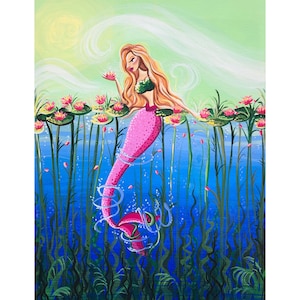 Schilderij waterlelie vijver zeemeermin – handgeschilderde fantasiekunst – illustratie zeemeermin, 2022