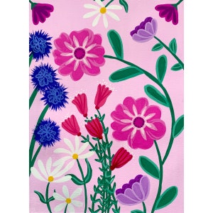 Pink Floral Folk Art Painting – Whimsical Hand-Painted Botanical Artwork