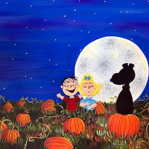 May include: A painting of a pumpkin patch under a night sky with a large full moon and stars. Linus and Sally stand among the orange pumpkins, while a black silhouette of Snoopy sits atop a large pumpkin in the foreground.