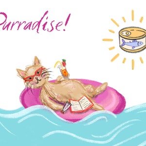 Cartão postal de gato Purradise – Ilustração relaxante de gato à beira da piscina – Cartão de gato com tema de verão