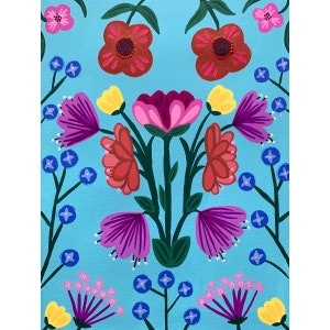 Teal Floral Folk Art Painting – Hand-Painted Gouache Illustration – Botanical Wall Art