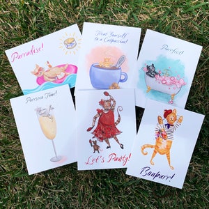 Lot de 6 cartes postales de chats - Cartes d'illustrations de chats mignons - Papeterie amusante sur le thème des chats