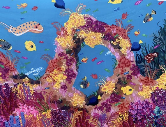 海底サンゴ礁の絵画 - 精巧な海洋アート - 手描きのグアッシュイラスト
