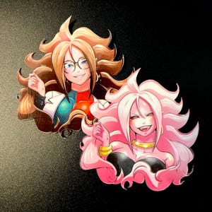 May include: Two anime characters with long pink and brown hair. The character with pink hair is smiling with her eyes closed. The character with brown hair is wearing glasses and smiling. Both characters are wearing colourful outfits.