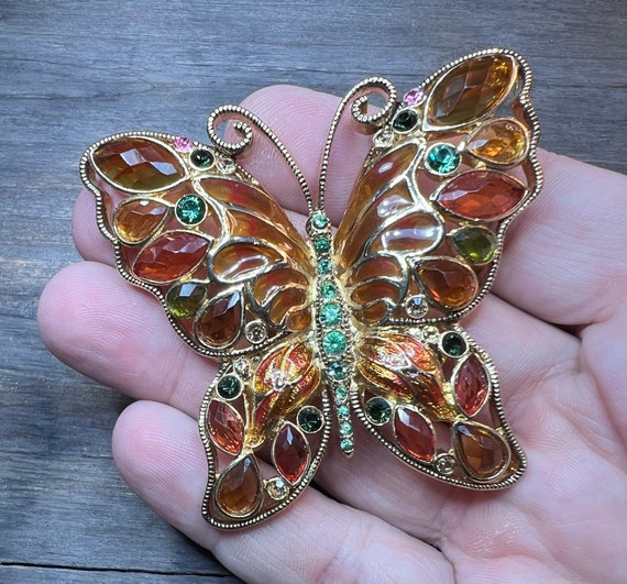 Signed Monet Gold Toned Rhinestone  Butterfly Bro… - image 3