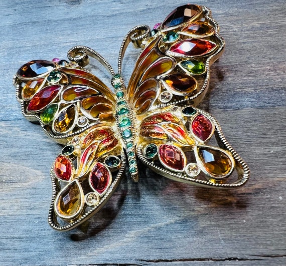 Signed Monet Gold Toned Rhinestone  Butterfly Bro… - image 2