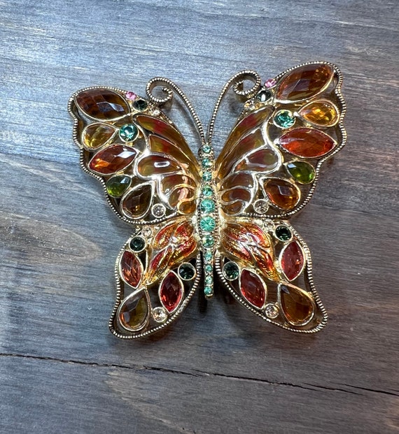Signed Monet Gold Toned Rhinestone  Butterfly Bro… - image 1