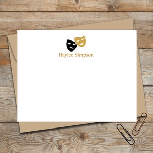 Personalized Flat Note Cards/Personalized Stationery/Personalized Kids Note Cards/Theater Note Cards/Stationery Set/Comedy Tragedy Masks