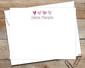 Personalized Flat Note Cards/Personalized Stationery/Personalized Kids Note Cards/Heart Note Cards/Girls Stationery/Watercolor Hearts/Love