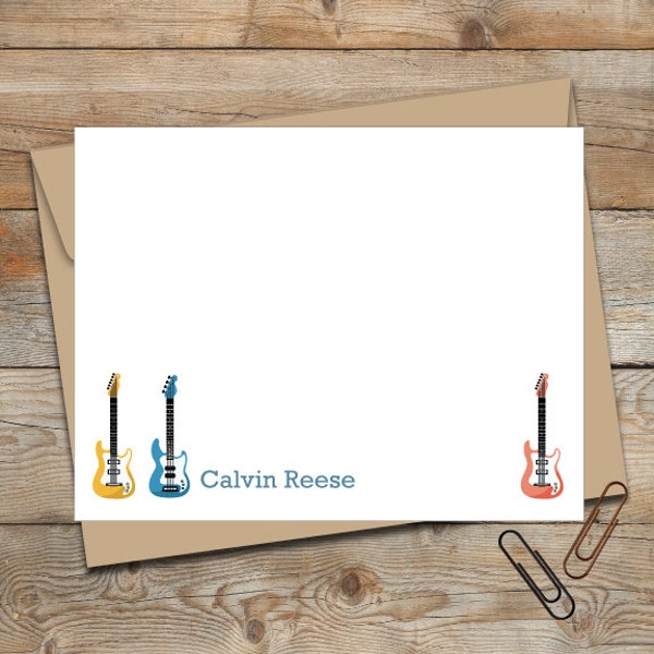 Personalized Flat Note Cards/Personalized Stationery/Personalized Kids Note Cards/Guitar Note Cards/Boys Stationery/Girls Stationery/Music