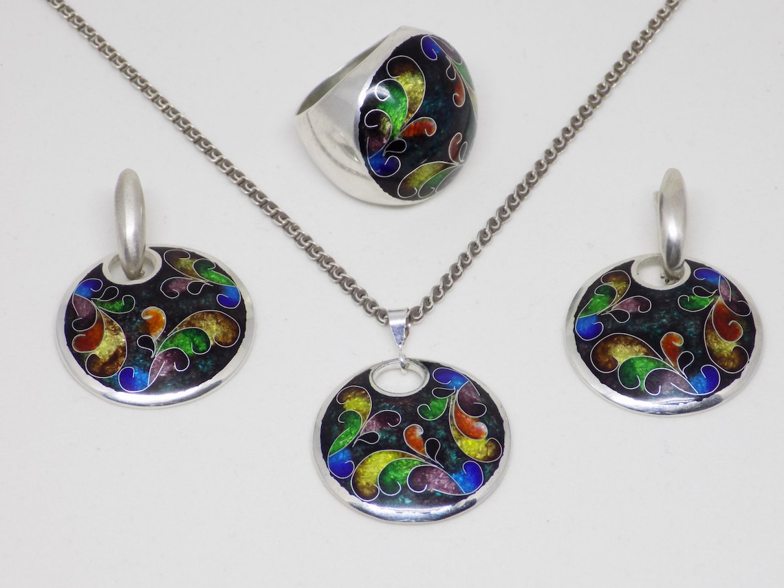 Black Enamel Jewelry Set Silver Jewelry Set Statement Etsy