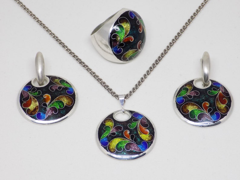 Black enamel jewelry shops set, silver jewelry set, statement jewelry, silver earrings, enamel pendant, silver ring, free shipping, gift for her