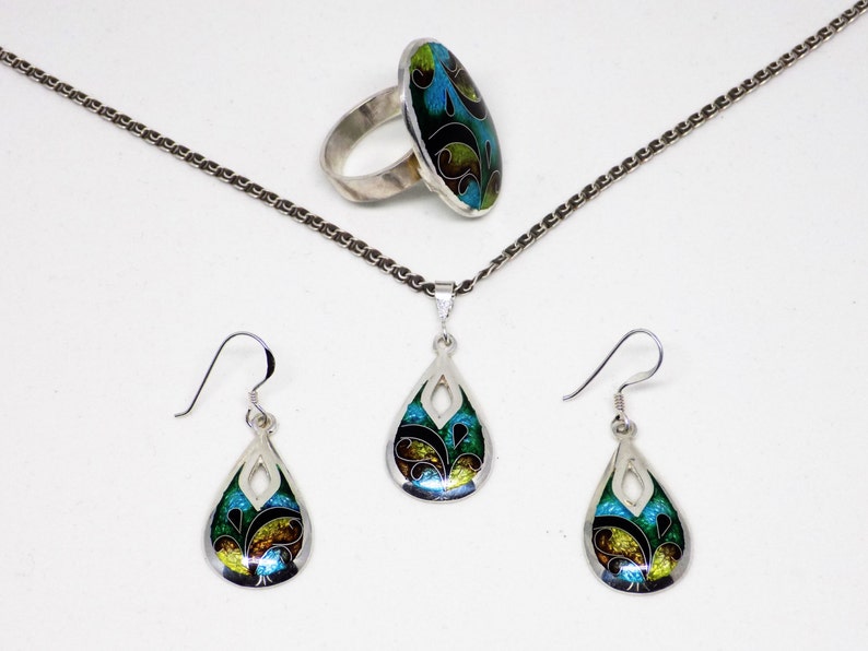 Enamel Jewelry Set Silver Jewelry Set Turquoise Enamel Etsy